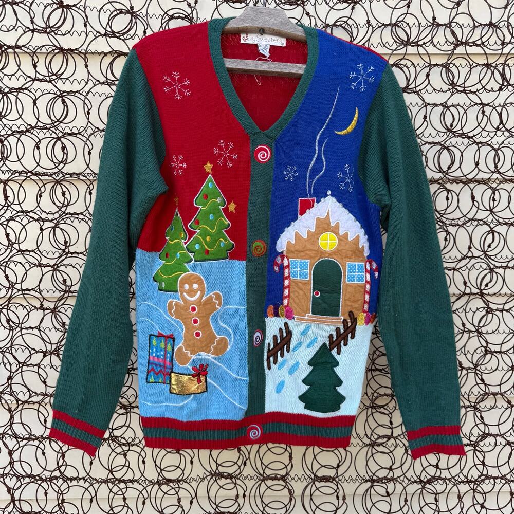 Y2K Jolly Sweaters Ugly Christmas Cardigan Gingerbread Man Scene SMALL